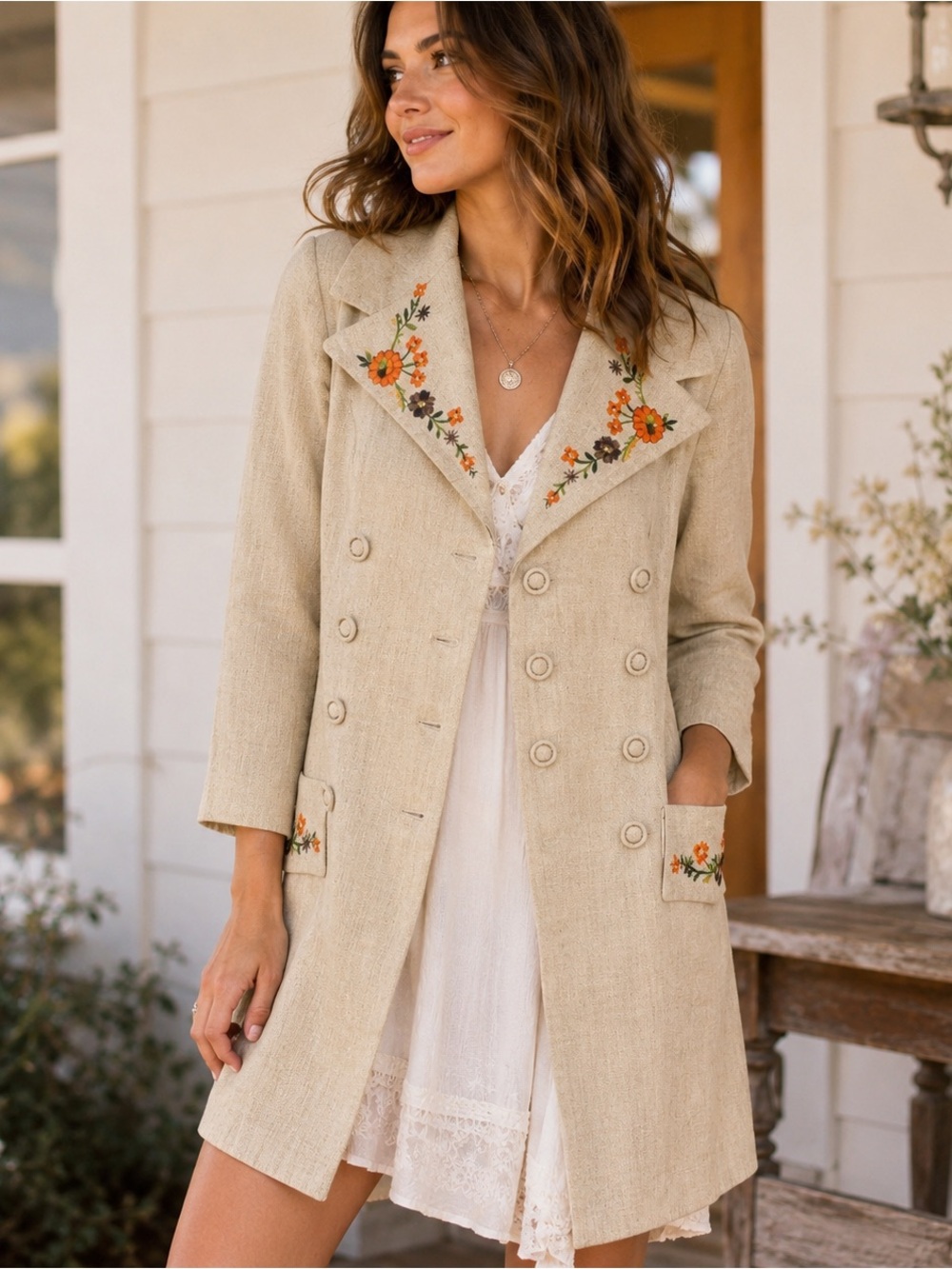 Vintage Embroidered Linen Blend Coat Floral Double Breasted Cottagecore Jacket M